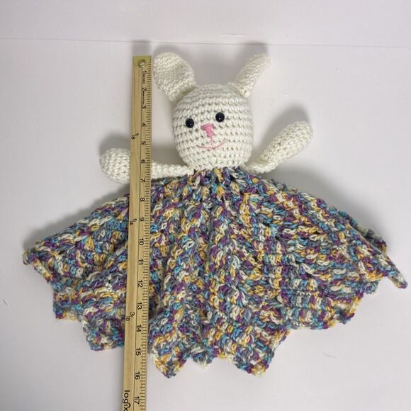 Hand Knit Bunny Lovey Multicolor Skirt Black Button Eyes Pink Nose Mouth - Picture 2 of 12